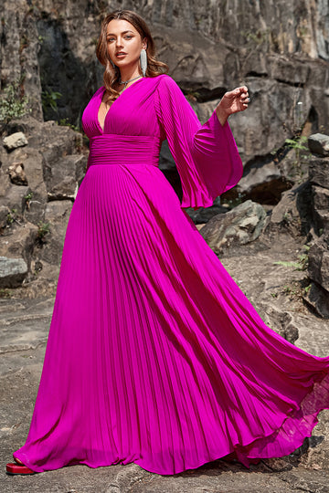 En linje djup V hals mörk Fuchsia Plus Size Bal klänning med långa ärmar